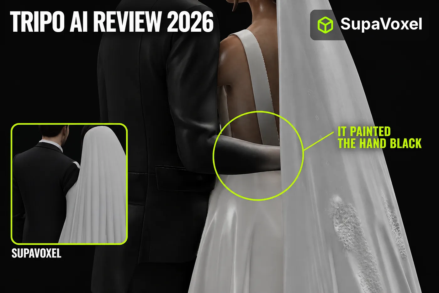 The groom’s arm rests behind the bride’s back in the photo. Tripo ran the black of his jacket sleeve all the…
